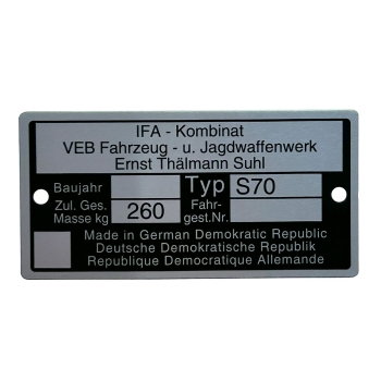 Typenschild (Rahmenplakette), Simson S70