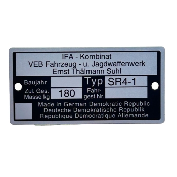 Typenschild (Rahmenplakette), Simson SR4-1