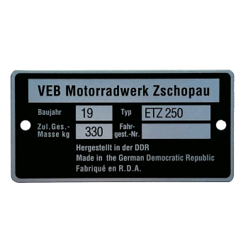 Typenschild, Rahmenplakette, MZ ETZ250