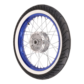 Komplettrad, Alufelge blau (vorn) 1,50x16 mit Weißwandreifen, Simson S50, S51, S70, KR51, SR4-2, SR4-4