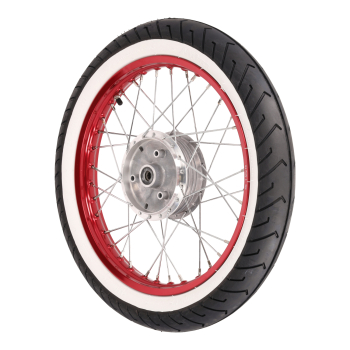 Komplettrad, Alufelge rot (vorn) 1,50x16 mit Weißwandreifen, Simson S50, S51, S70, KR51, SR4-2, SR4-4