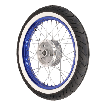 Komplettrad, Alufelge blau (hinten) 1,50x16 mit Weißwandreifen, Simson S50, S51, S70, KR51, SR4-2, SR4-4