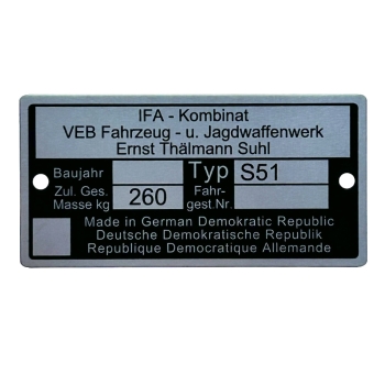 Typenschild (Rahmenplakette), Simson S51