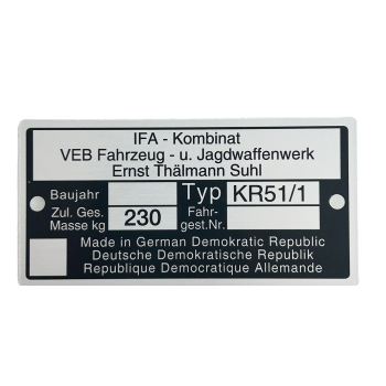 Typenschild (Rahmenplakette), Simson KR51/1