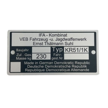 Typenschild (Rahmenplakette), Simson KR51/1K