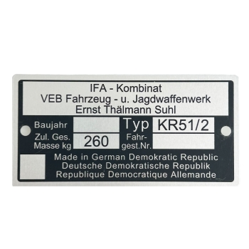 Typenschild (Rahmenplakette), Simson KR51/2