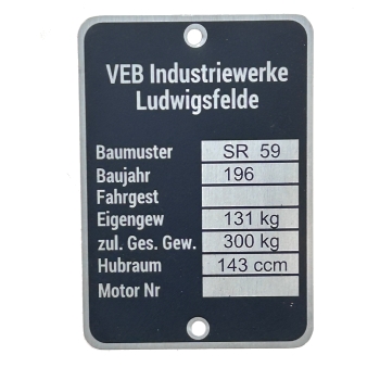 Typenschild, Rahmenplakette, IWL Berlin SR59