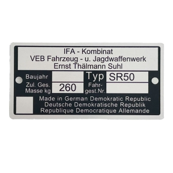 Typenschild (Rahmenplakette), Simson SR50