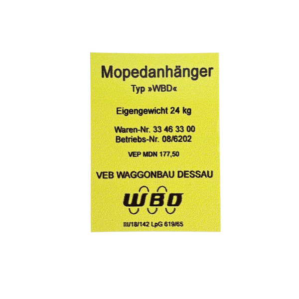 Aufkleber, Typenbezeichnung, Anhänger WBD