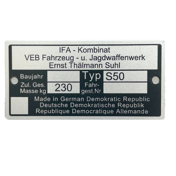 Typenschild (Rahmenplakette), Simson S50
