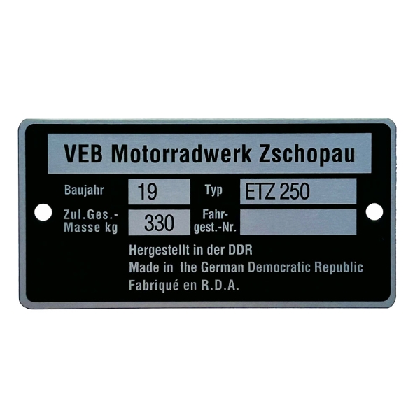 Typenschild, Rahmenplakette, MZ ETZ250