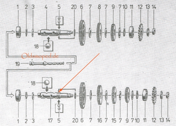 4-Gang Abtriebswelle mit 3-fach-Verrastung bei der Schnurfeder, Simson S51, S53, KR51/2, SR50, S70, MS50