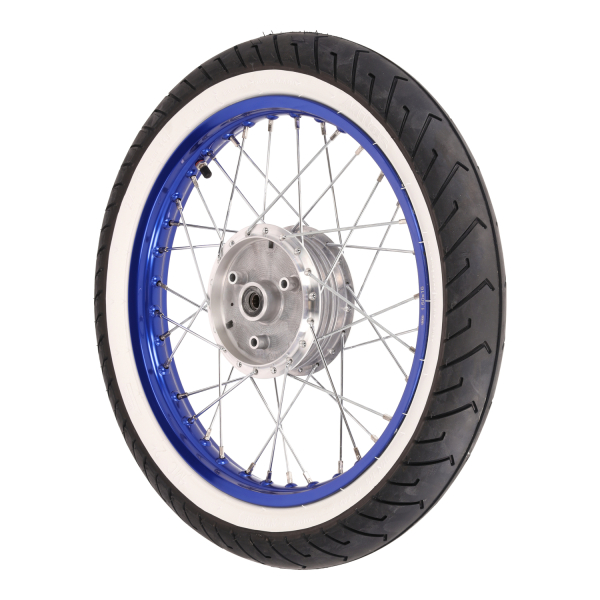 Komplettrad, Alufelge blau (vorn) 1,50x16 mit Weißwandreifen, Simson S50, S51, S70, KR51, SR4-2, SR4-4