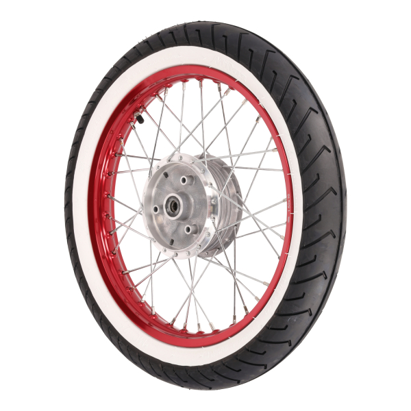 Komplettrad, Alufelge rot (vorn) 1,50x16 mit Weißwandreifen, Simson S50, S51, S70, KR51, SR4-2, SR4-4