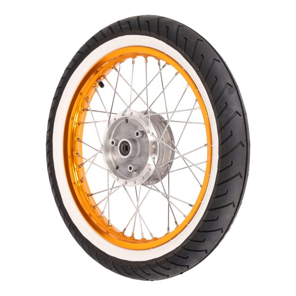 Komplettrad, Alufelge gold (vorn) 1,50x16 mit Weißwandreifen, Simson S50, S51, S70, KR51, SR4-2, SR4-4