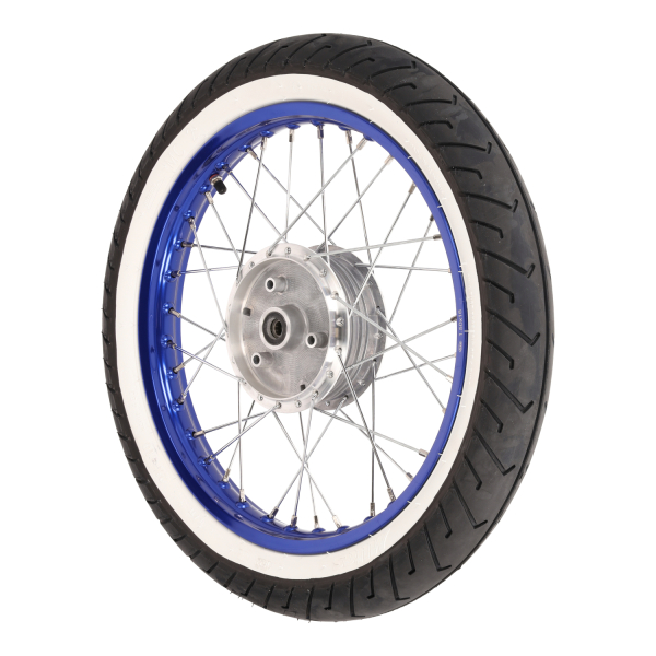Komplettrad, Alufelge blau (hinten) 1,50x16 mit Weißwandreifen, Simson S50, S51, S70, KR51, SR4-2, SR4-4