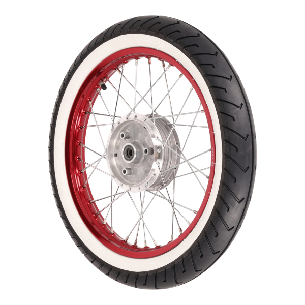 Komplettrad, Alufelge rot (hinten) 1,50x16 mit Weißwandreifen, Simson S50, S51, S70, KR51, SR4-2, SR4-4