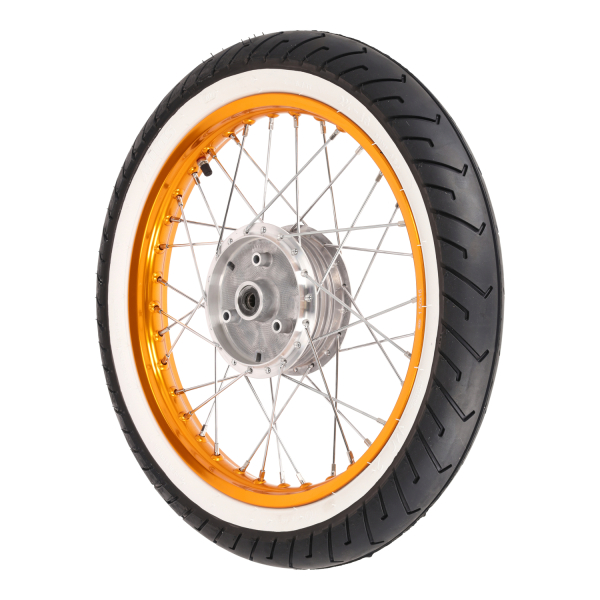 Komplettrad, Alufelge gold (hinten) 1,50x16 mit Weißwandreifen, Simson S50, S51, S70, KR51, SR4-2, SR4-4