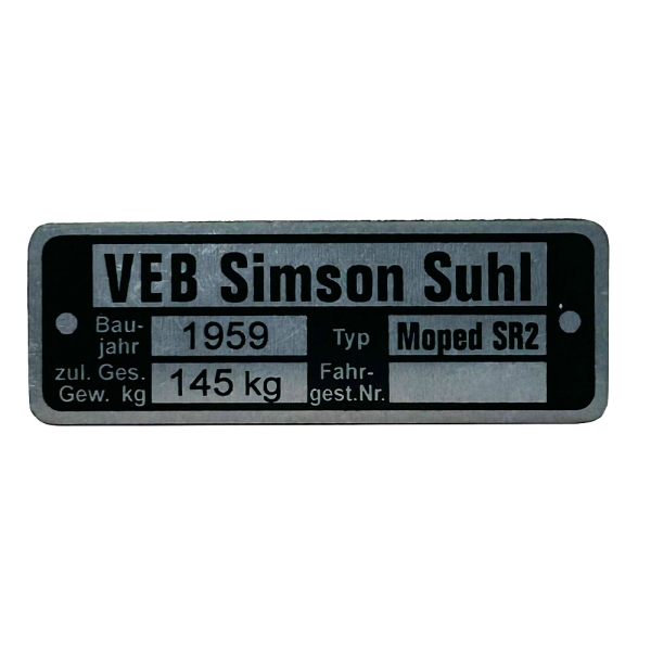 Typenschild (Rahmenplakette), Simson SR2