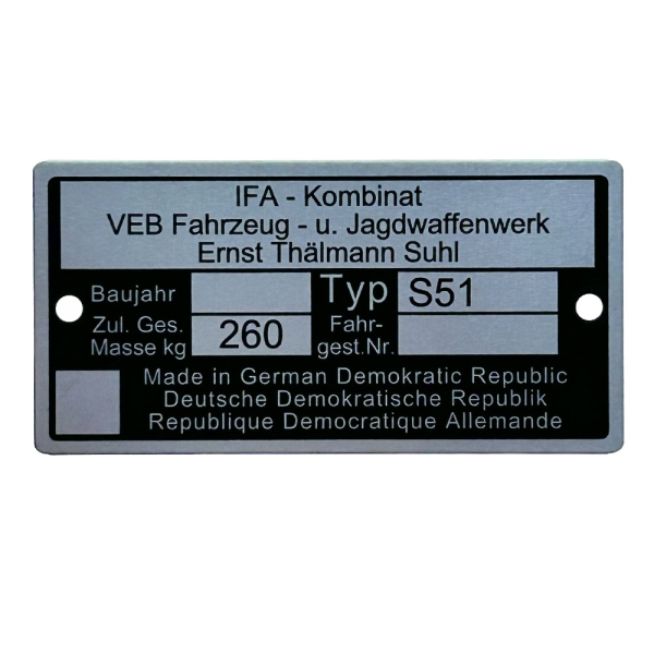 Typenschild (Rahmenplakette), Simson S51