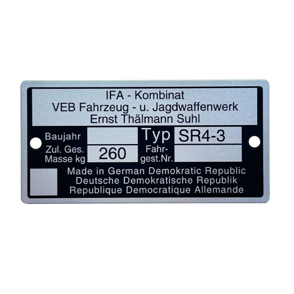 Typenschild (Rahmenplakette), Simson SR4-3