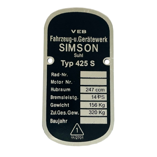 Typenschild (Rahmenplakette), Simson AWO-S