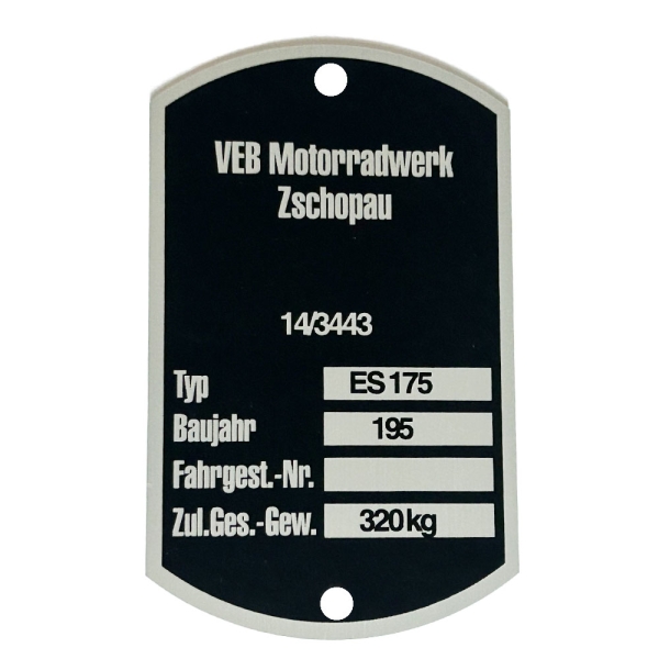 Typenschild (Rahmenplakette), MZ ES175