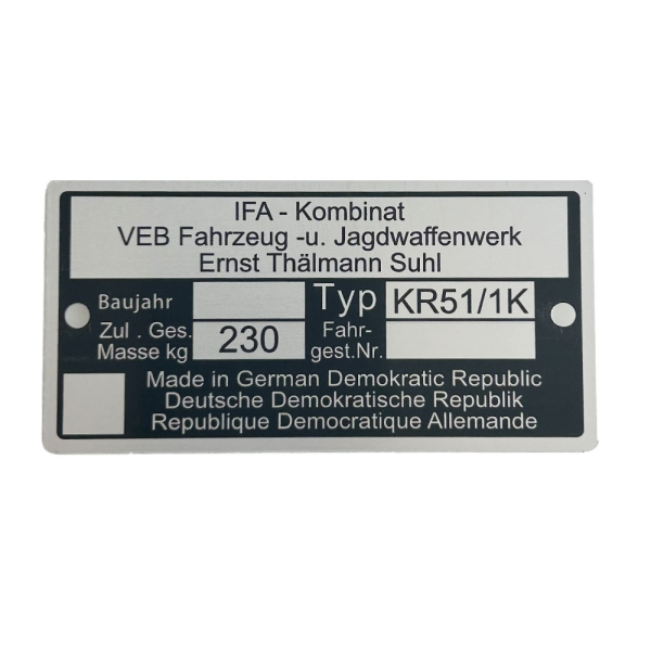 Typenschild (Rahmenplakette), Simson KR51/1K