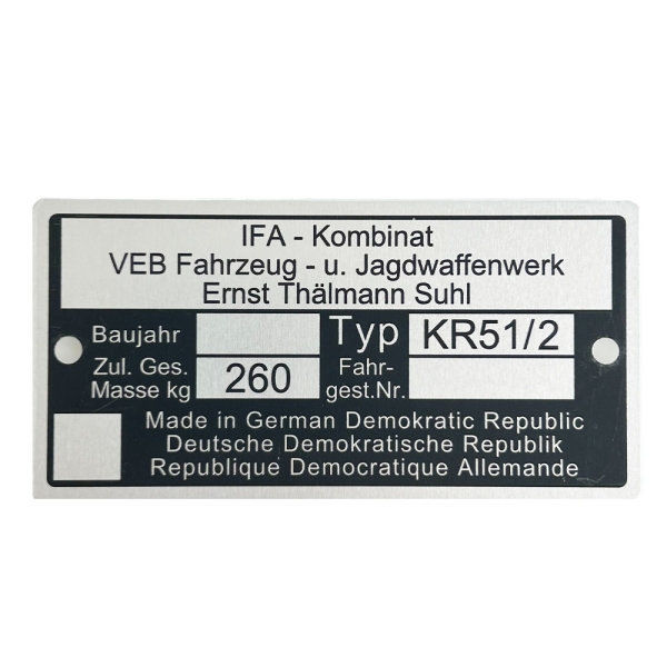Typenschild (Rahmenplakette), Simson KR51/2