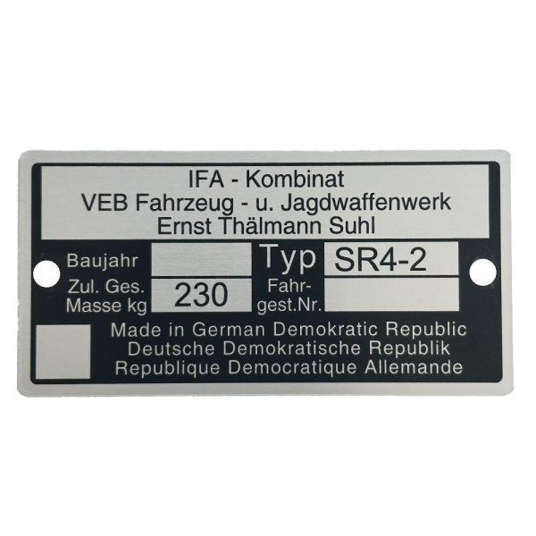 Typenschild (Rahmenplakette), Simson SR4-2